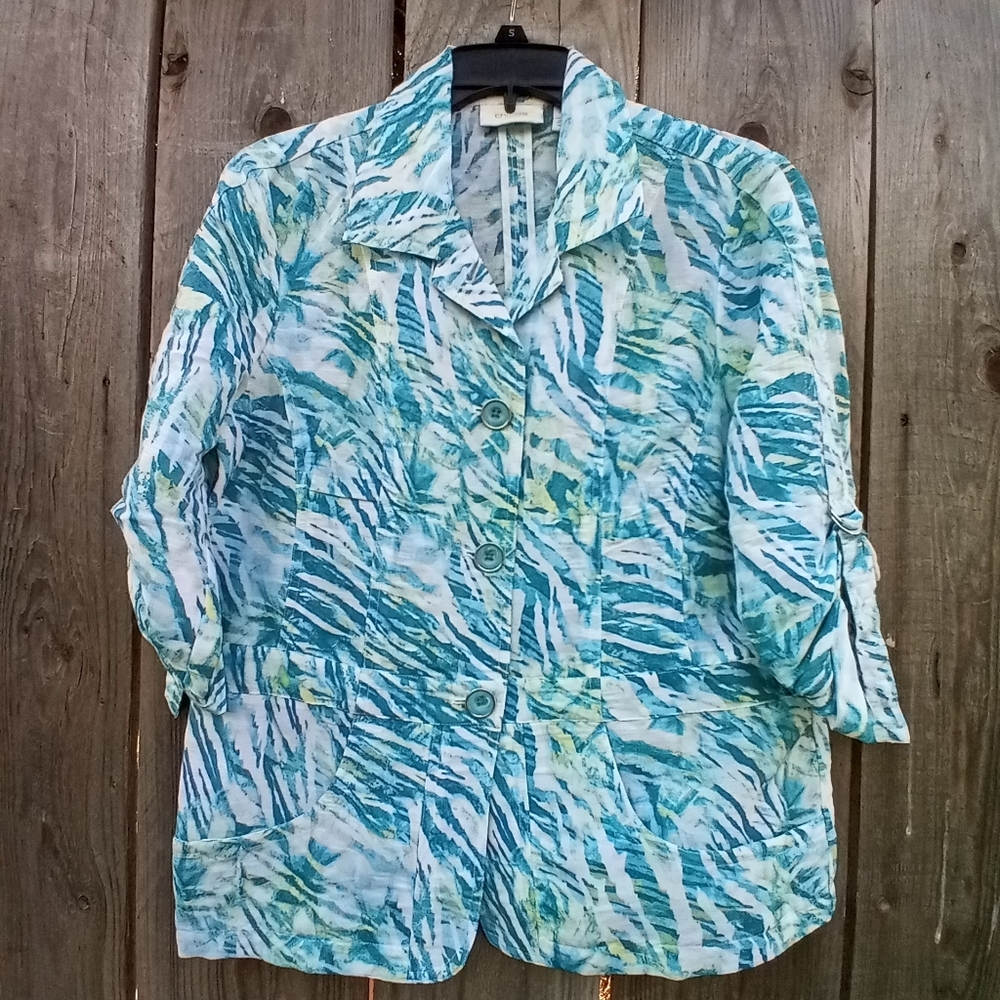 CHICOS JACKET WOMEN 1 BLUE CYAN ANIMAL PRINT AILEE PATTERN BUTTON COLLARED